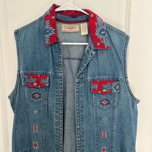 Denim Vest with Red and Blue Southwestern Accents